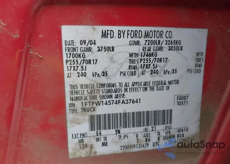 2004 Ford F150 Supercrew z USA, uszkodzony, nr VIN 1FTPW14574FA37641